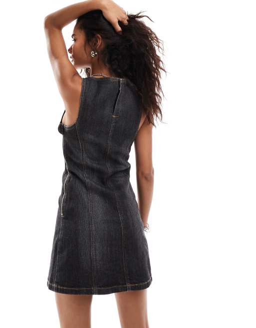 COLLUSION slash neck denim mini dress in washed black | ASOS