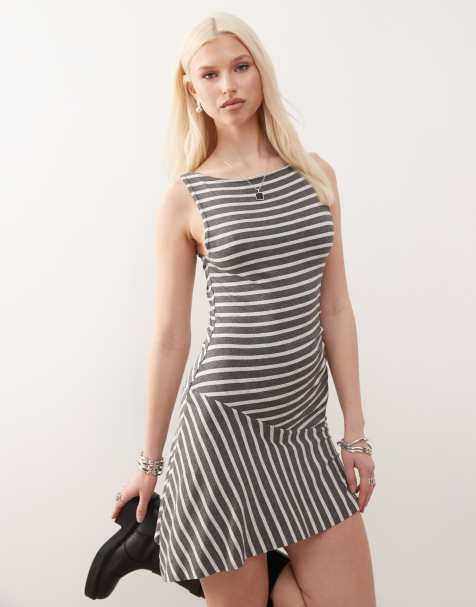 COLLUSION slash neck drop waist dress in grey stripe - view 1