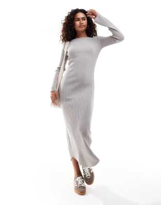 slash neck knit maxi dress in gray