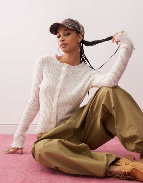 COLLUSION slash neck lettuce hem cardi in ecru - view 1