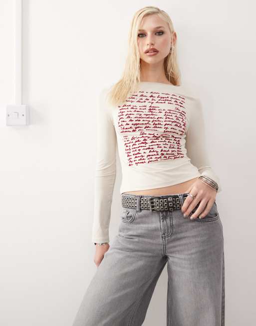 COLLUSION slash neck long sleeve flocked top