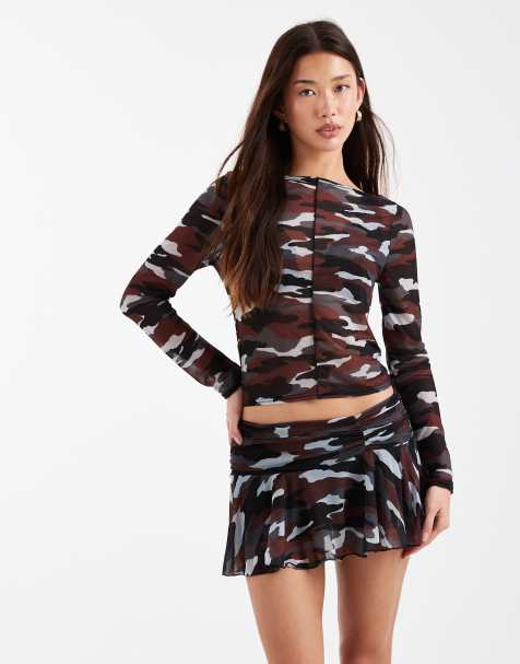 COLLUSION slash neck  long sleeve mesh top in red camo