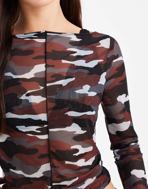 COLLUSION slash neck long sleeve mesh top in red camo, 4 of 4
