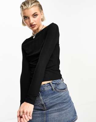 Collusion Long Sleeve Shrunken Top In Black In Black