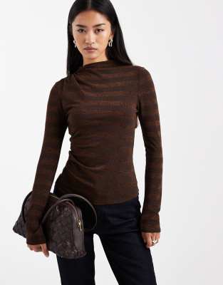 Collusion Slash Neck Long Sleeve Top In Brown