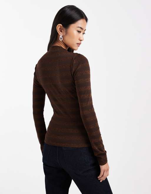 COLLUSION slash neck long sleeve top in chocolate sparkle stripe, 2 of 4
