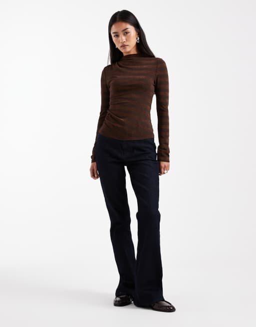 COLLUSION slash neck long sleeve top in chocolate sparkle stripe, 4 of 4