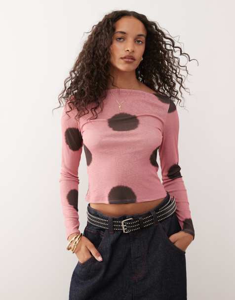 COLLUSION slash neck long sleeve top in pink polka dot - view 1