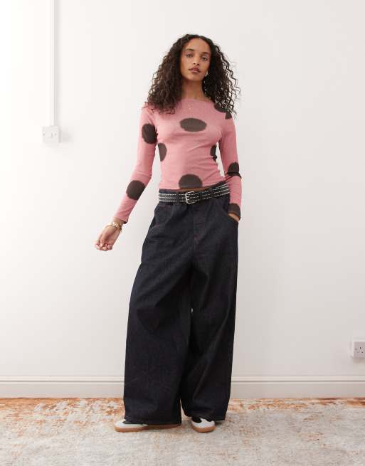 COLLUSION slash neck long sleeve top in pink polka dot