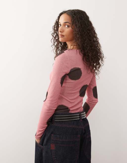 COLLUSION slash neck long sleeve top in pink polka dot