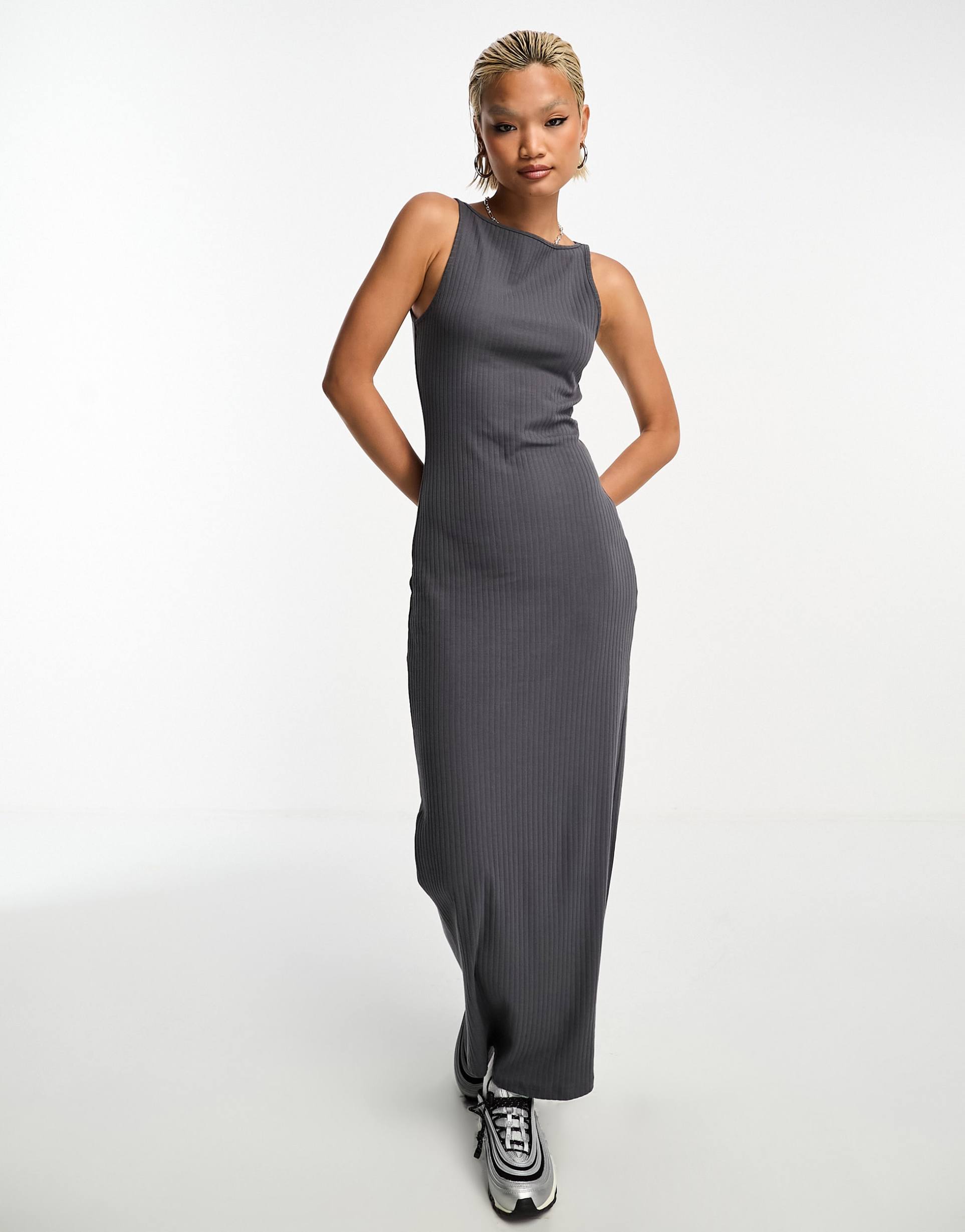 collusion slash neck maxi dress in gray