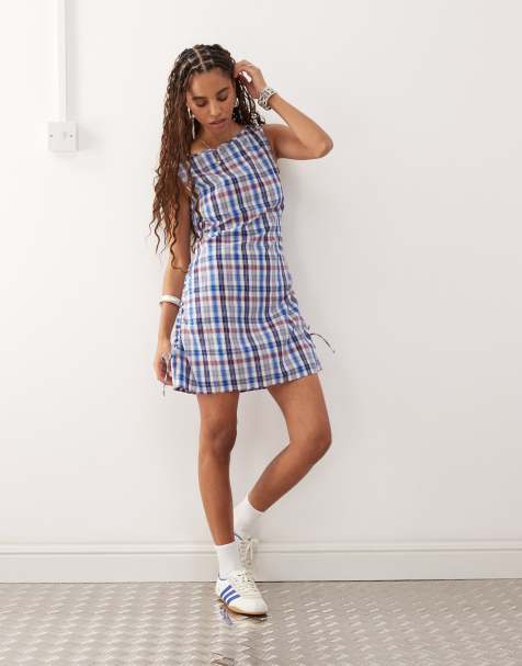 COLLUSION slash neck mini dress in blue check - view 1