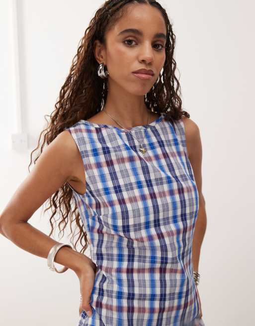 COLLUSION slash neck mini dress in blue check, 3 of 4