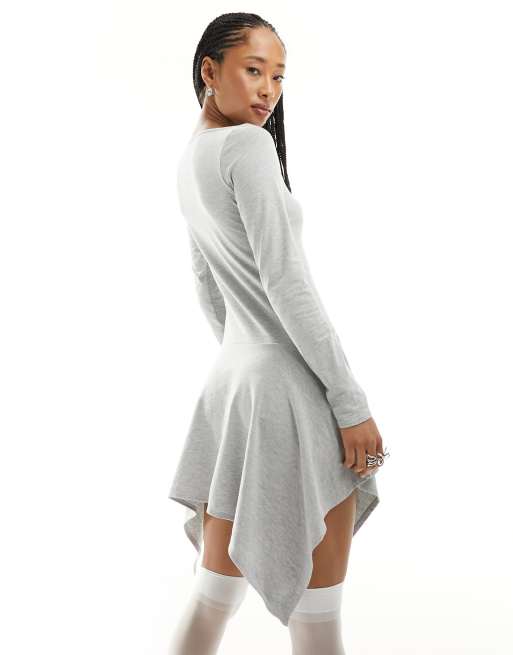 COLLUSION slash neck mini dress with handkerchief hem in heather gray