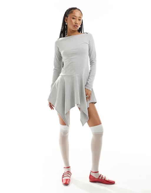 COLLUSION slash neck mini dress with hanky hem in grey marl