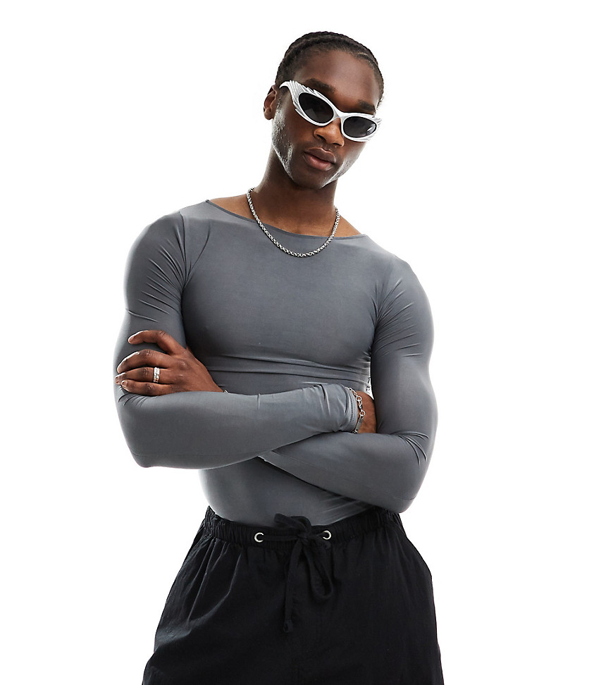 Slash neck muscle fit long sleeve top in gray-Black