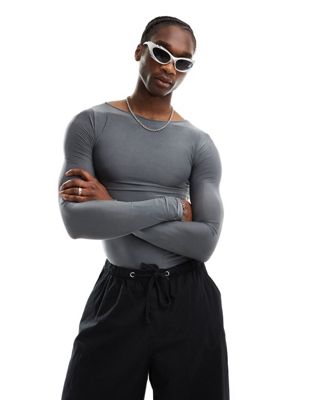 COLLUSION Slash neck muscle fit long sleeve top in grey-Black