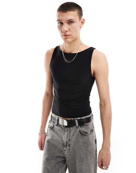 COLLUSION slash neck muscle fit singlet in black - view 1
