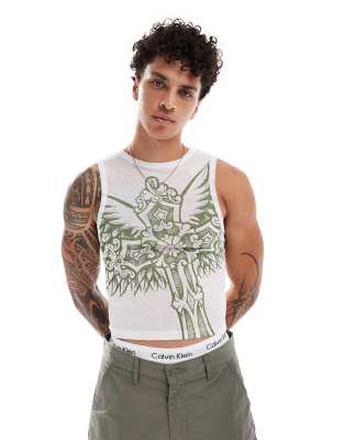 Collusion Slash Neck Muscle Tank Top With Cross Graphic In Mesh-white