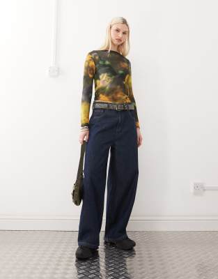 Collusion Slash Neck Printed Long Sleeve Top-multi In Multi
