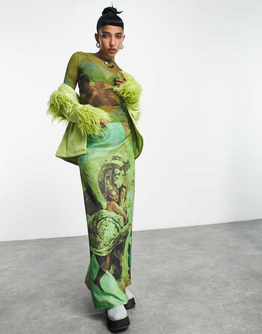 COLLUSION slash neck printed mesh long sleeve top in green, 4 of 4