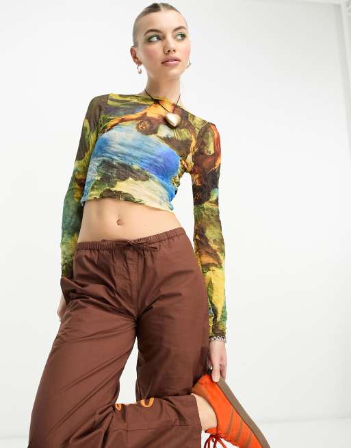 COLLUSION slash neck printed mesh long sleeve top in multi