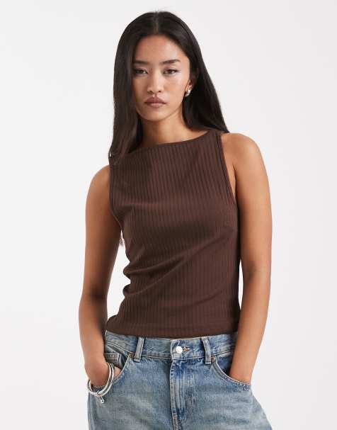 COLLUSION slash neck rib singlet in chocolate - view 1
