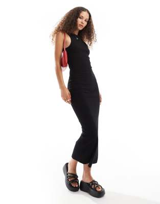 slash neck ribbed maxi dress in black