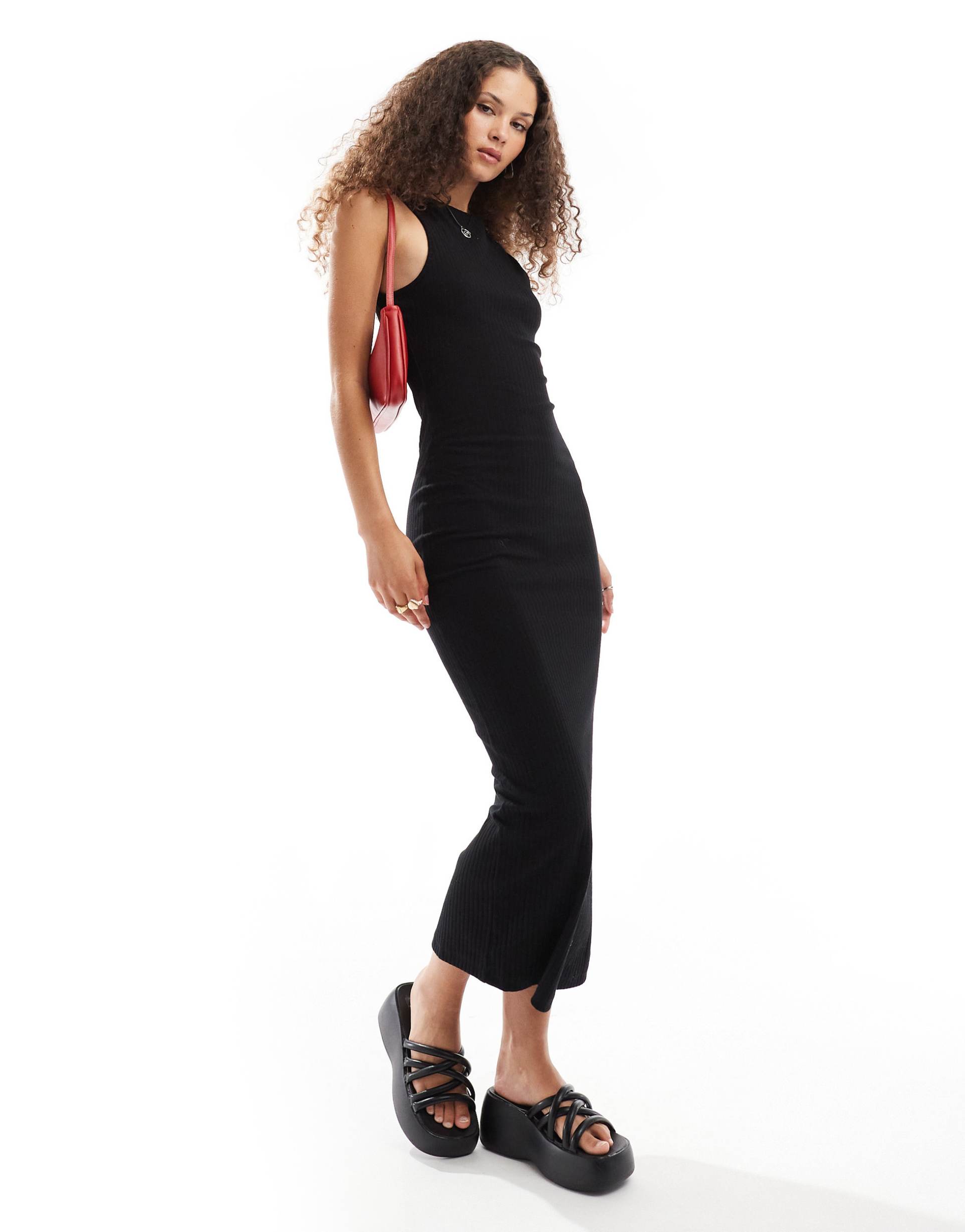 collusion slash neck ribbed maxi dress in black