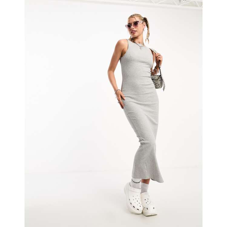 COLLUSION slash neck ribbed maxi dress in grey marl