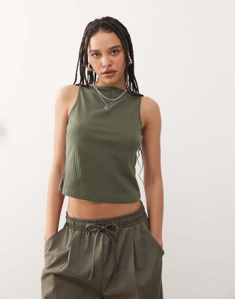 COLLUSION slash neck ribbed singlet in khaki - view 1