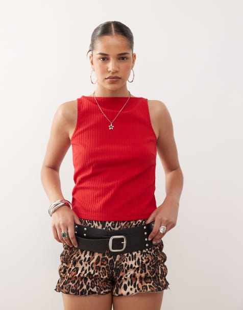 COLLUSION slash neck ribbed singlet in red - view 1