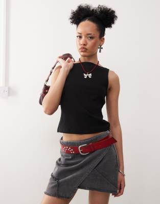 Collusion Slash Neck Ribbed Tank Top In Black