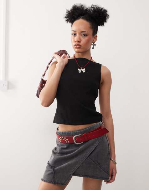 COLLUSION slash neck ribbed tank top in black - view 1