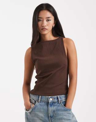 Collusion Slash Neck Ribbed Tank Top In Brown