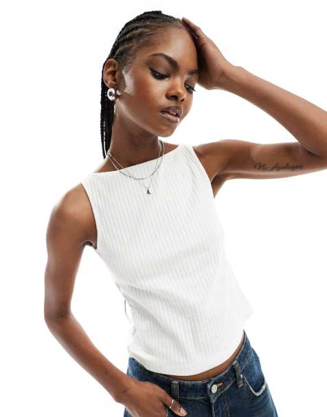 COLLUSION slash neck ribbed tank top in ecru - view 1