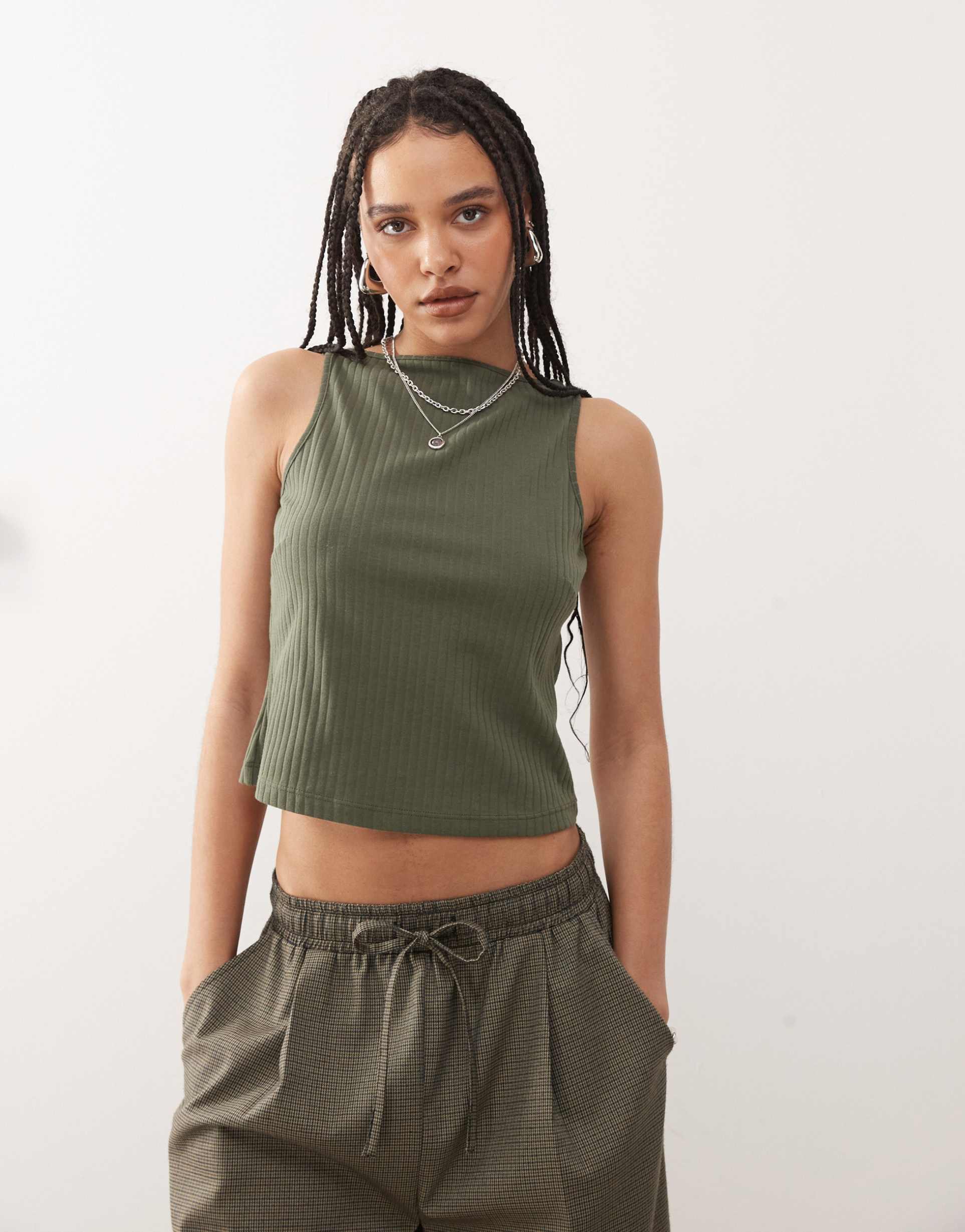 collusion slash neck ribbed tank top in khaki green