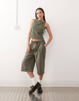 Collusion Slash Neck Ribbed Tank Top In Green