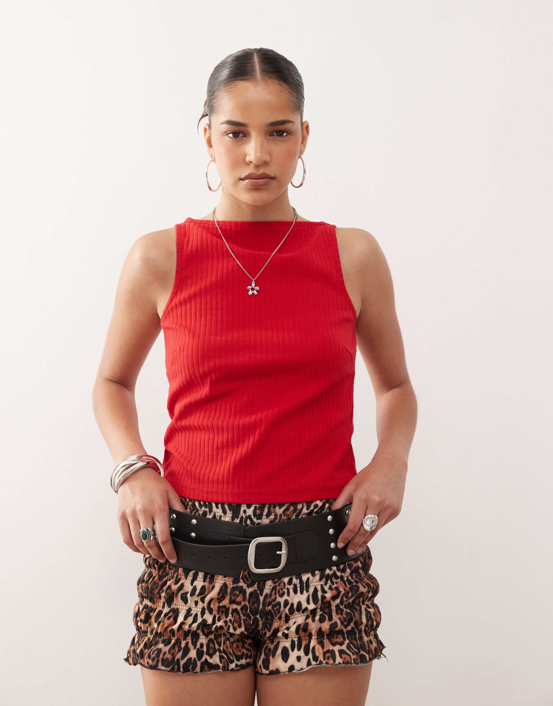 collusion slash neck ribbed tank top in red