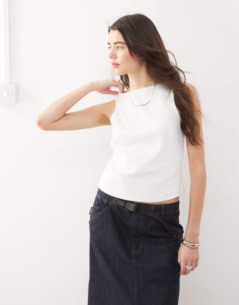 COLLUSION slash neck ribbed tank top in white - view 1