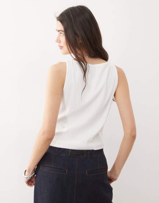 COLLUSION slash neck ribbed tank top in white