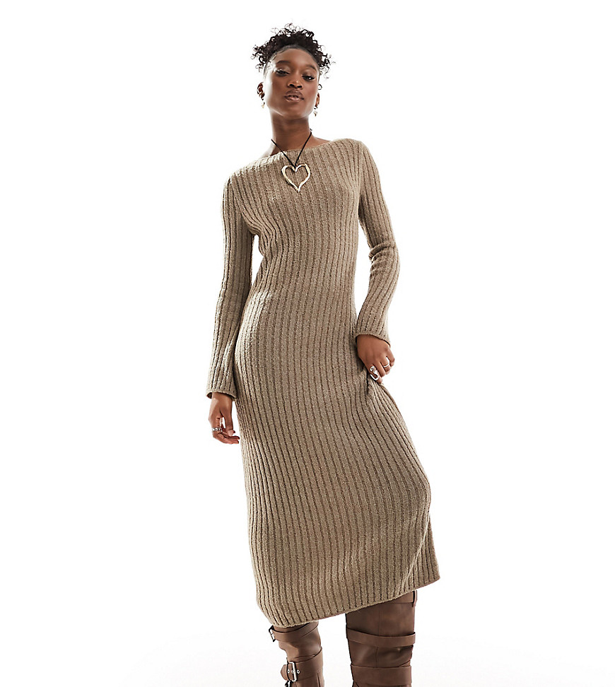 Collusion Slash Neck Ribbed Textured Maxi Knit Dress In Stone-neutral