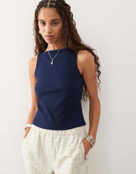 COLLUSION slash neck ribbed vest in navy - view 1