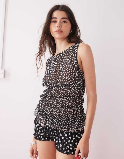 COLLUSION slash neck sheer polka dot top in black and white