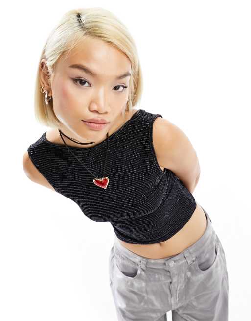 COLLUSION slash neck shimmer singlet in black