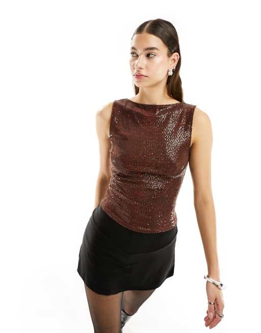 COLLUSION Slash Neck Shimmer Tank in Brown