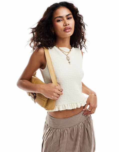 COLLUSION slash neck tank top with ruffle hem in cream - view 1
