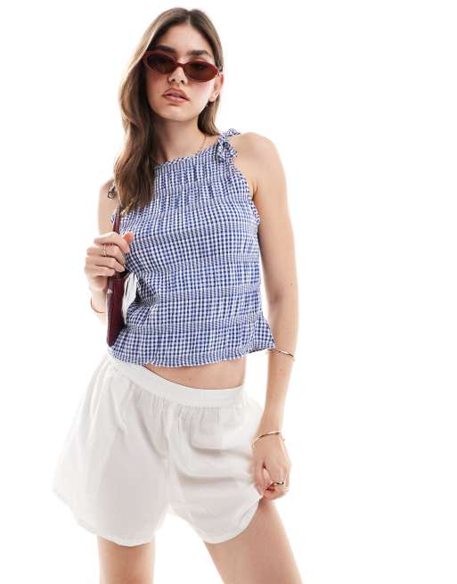 COLLUSION slash neck tank top with tie shoulder in blue check