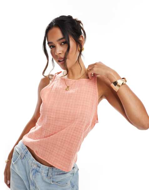 COLLUSION slash neck tank top with tie shoulder in textured check in apricot - view 1