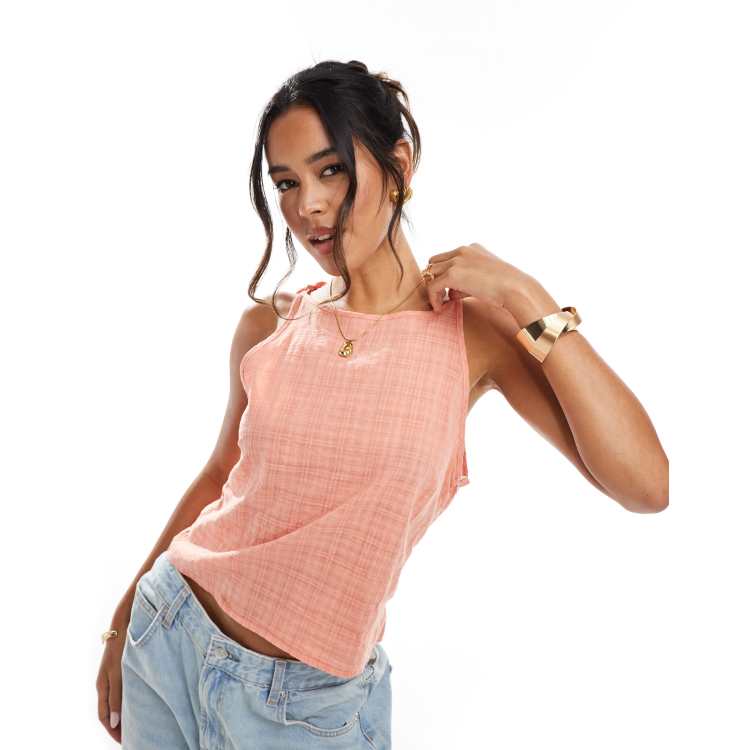 COLLUSION slash neck tank top with tie shoulder in textured check